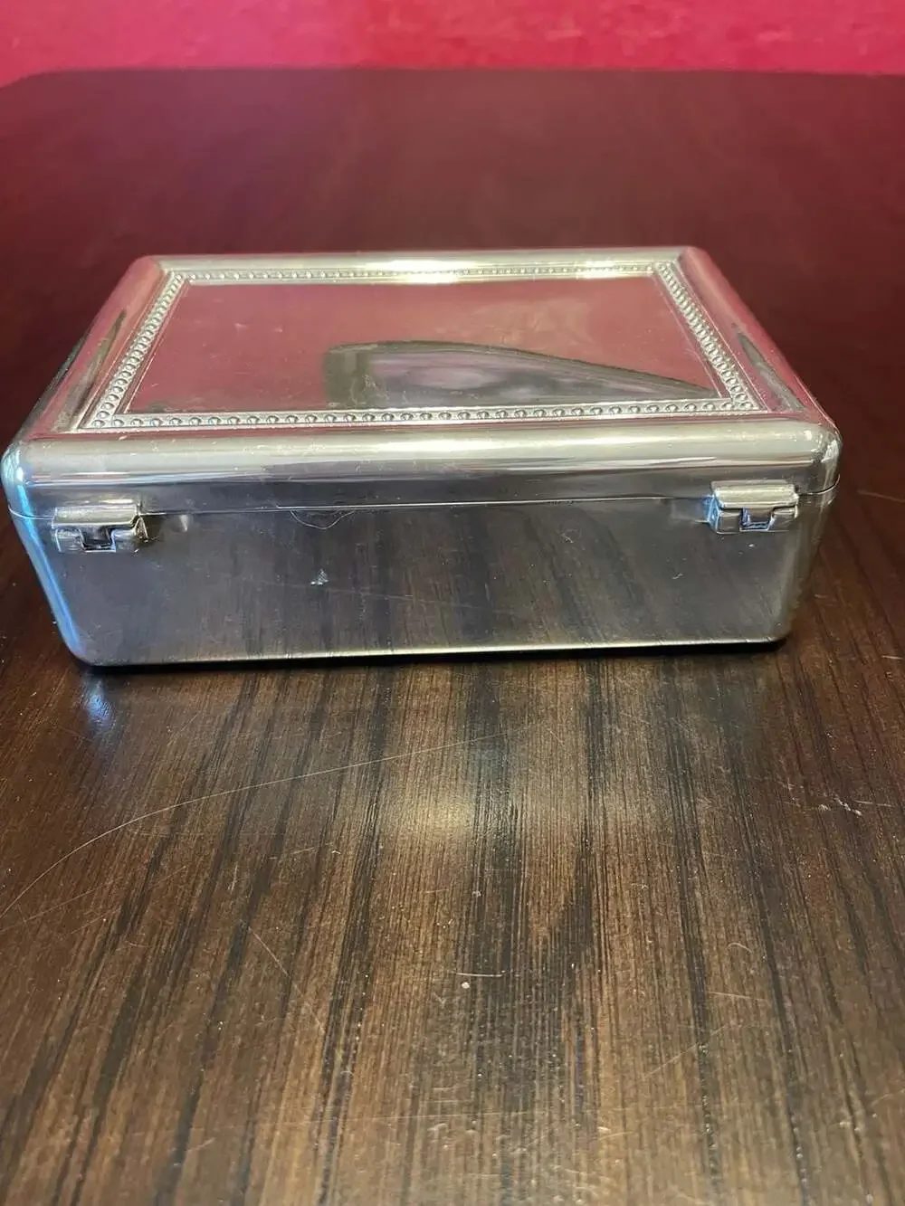 Vntg Silver-Plated Rectangular Trinket Jewelry Box w/Mirror & Red Velvet Lining